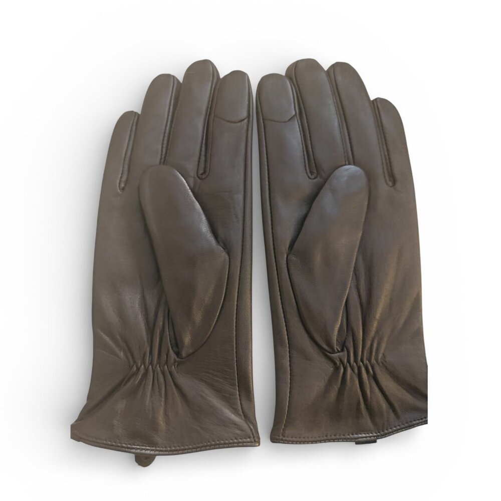 NWT Michael Kors Brown Leather Tech Gloves with Gold Logo - MSRP $98 - Picture 2 of 2